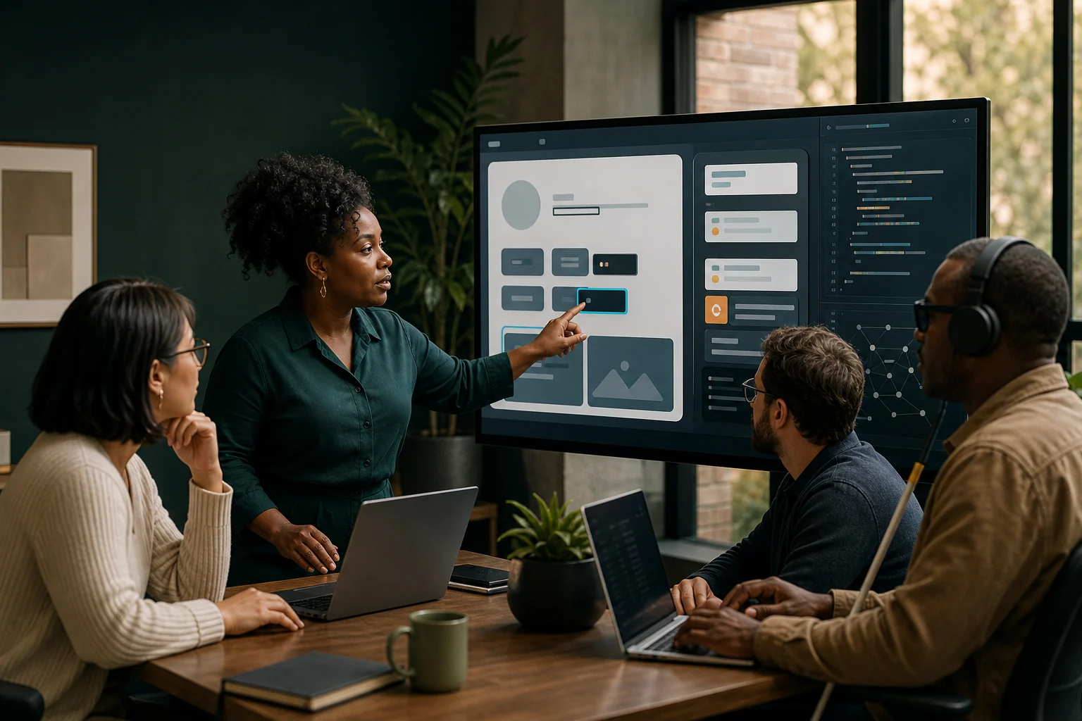A diverse product team reviewing an accessible interface together in a design studio